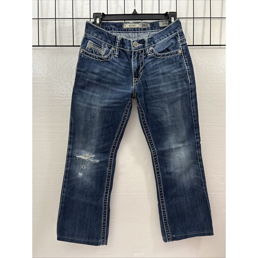 BKE Womens 27S Jeans Aiden Boot Cut Blue Denim Mid‎ Rise Short SKU 60016